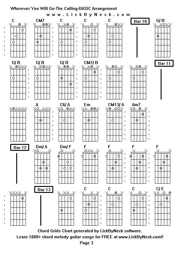 Chord Grids Chart of chord melody fingerstyle guitar song-Wherever You Will Go-The Calling-BASIC Arrangement,generated by LickByNeck software.